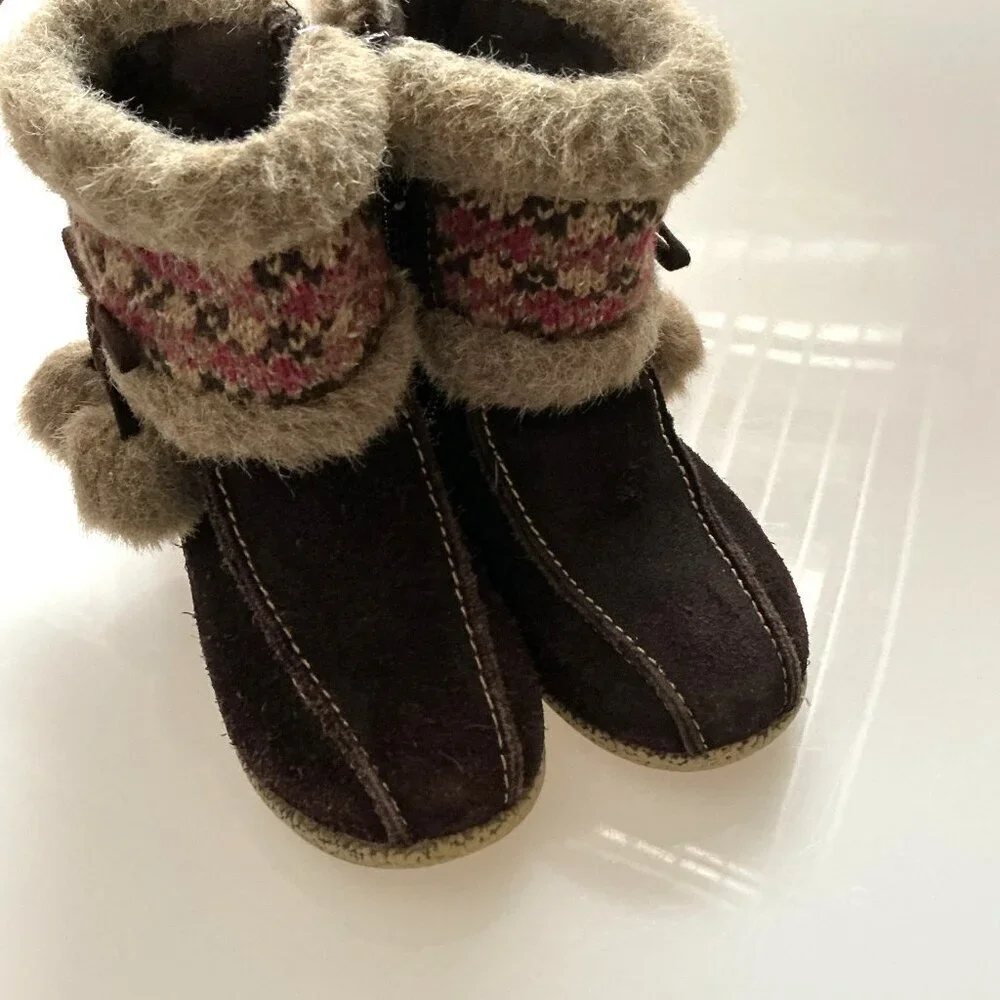 Cherokee Toddler Girls Winter Boots Size 6 Brown Suede Fair Isle Pom -Pom